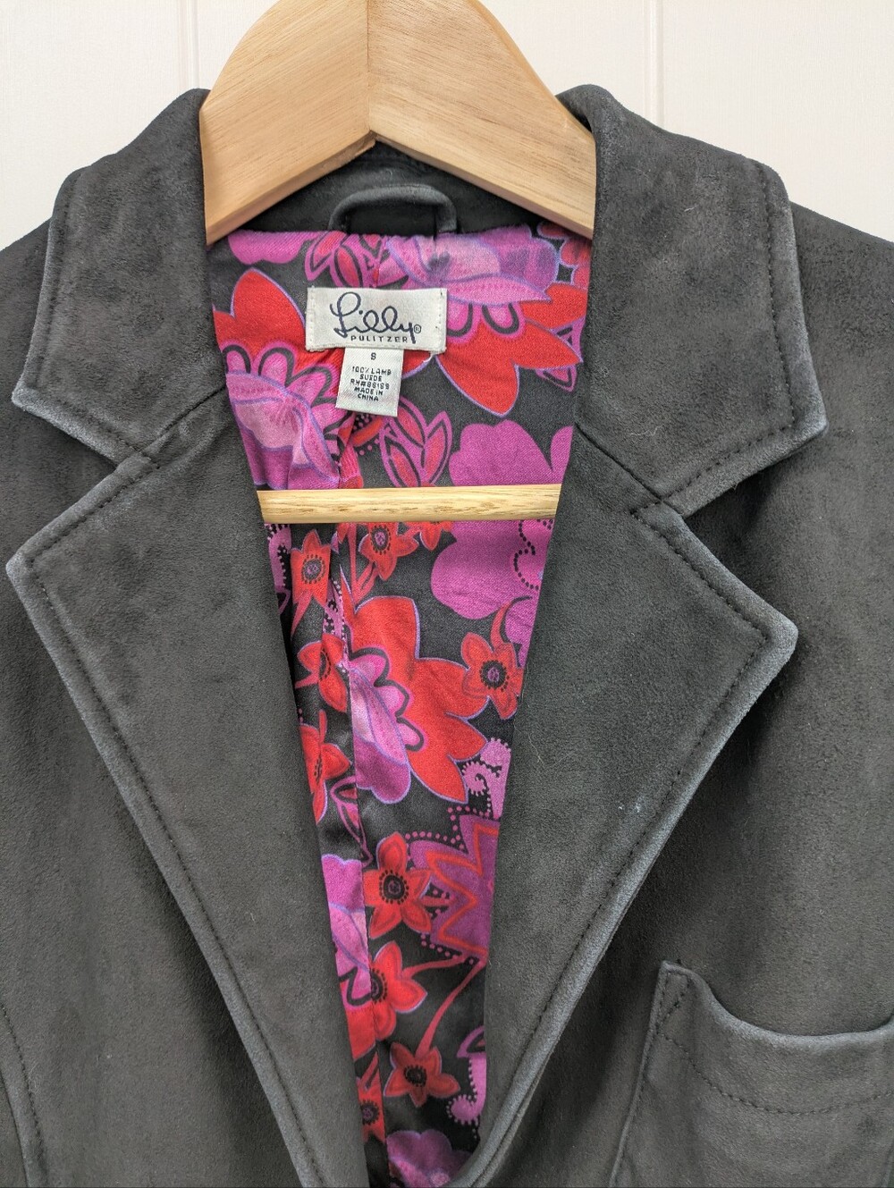 Lilly Pulitzer Black Lamb Suede Blazer  with  Floral Lining